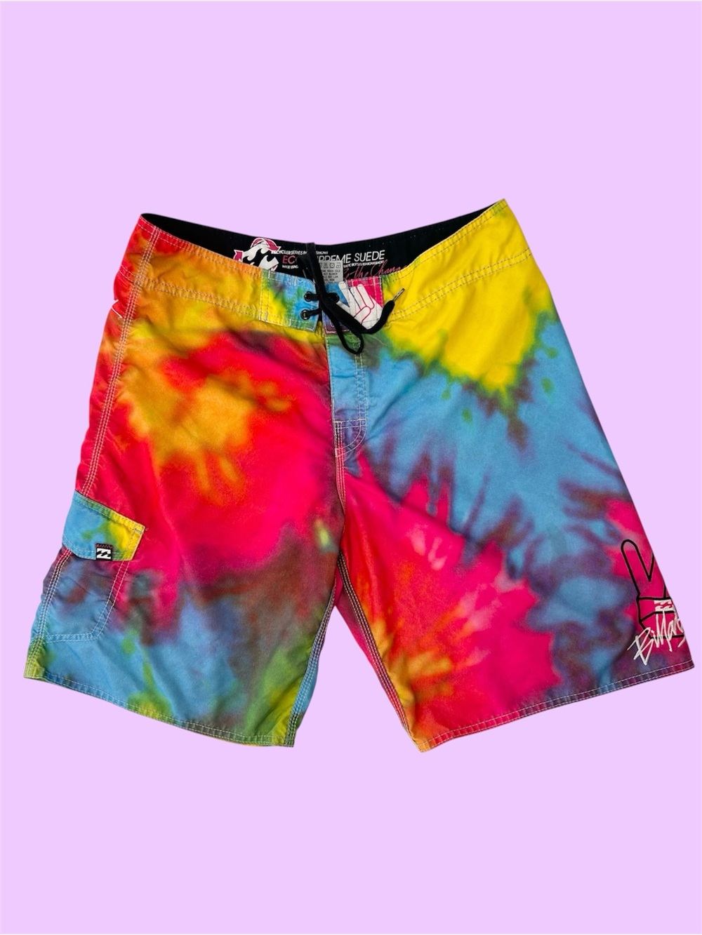 Vintage Y2K Billabong Tie Dye Peace Love Hippie Swim Surf Board Shorts Size 36